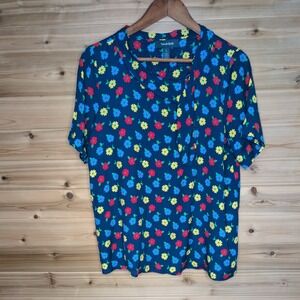 ModCloth Womens Navy Blue Floral Tie Neck Short Sleeve Blouse‎ Large
